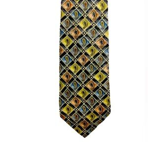Alcione silk tie, Made in Italy, paisley pattern, blue, orange, yellow, 58”